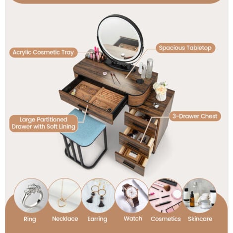 Vanity Table&Stool Set Makeup Dressing Mirror Table w/Charging Station-Coffee