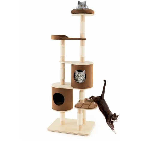 6-Tier Cat Tree 190 cm Rubber Wood Cat Tower Furniture W/ Sisal Scratching Posts