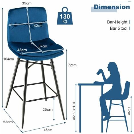 Set of 2 Bar Stools Velvet Counter Height Chair Upholstered High Dining Chairs