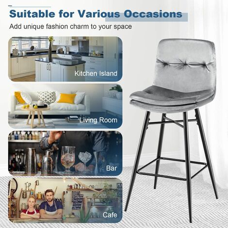 Set of 2 Bar Stools Velvet Counter Height Chair Upholstered High Dining Chairs
