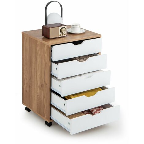 5 Drawer Chest Storage Wooden Dresser Rolling Storage Cabinet Mobile Organizer