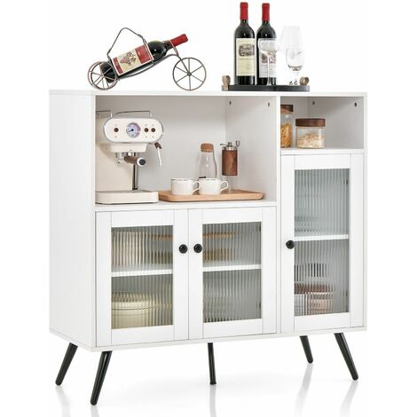 Kitchen Storage Cabinet Wooden Buffet Sideboard Cupboard Tempered Glass Doors (1/5)