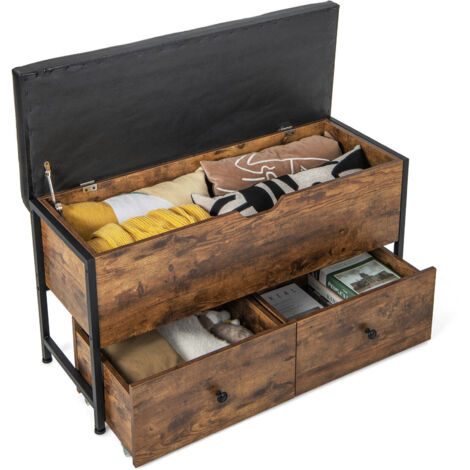 Storage Ottoman Bench Flip Top Storage Chest with 2 Drawers Wooden Storage Bench