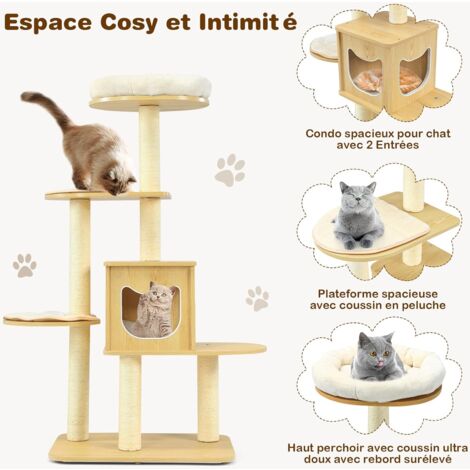 COSTWAY Arbre à Chat 135 cm à 4 Niveaux avec Perchoir en Peluche Poteaux à Gratter Grande Niche et Tapis Amovibles pour Chatons