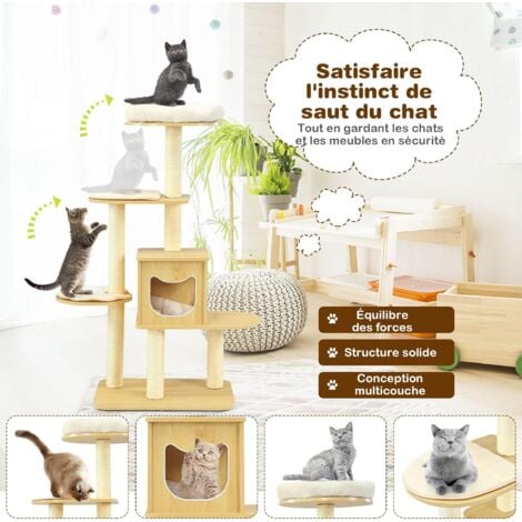 COSTWAY Arbre à Chat 135 cm à 4 Niveaux avec Perchoir en Peluche Poteaux à Gratter Grande Niche et Tapis Amovibles pour Chatons