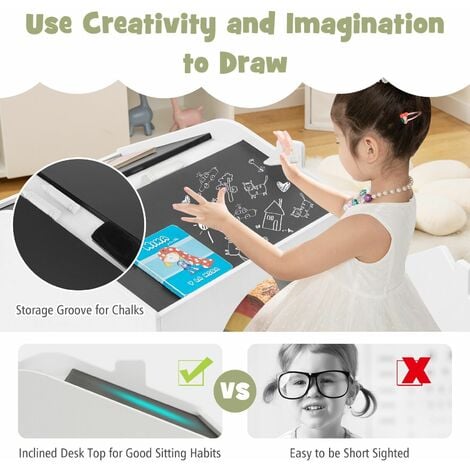Kids Table and Chair Set Children Wooden Children Activity Desk W/ Chalkboards