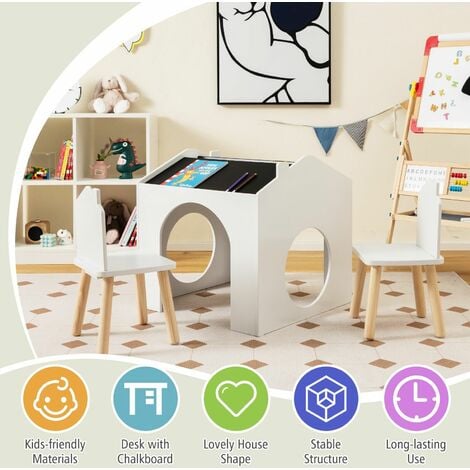 Kids Table and Chair Set Children Wooden Children Activity Desk W/ Chalkboards