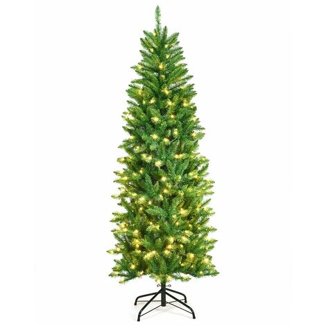 6FT Pre-Lit Artificial Christmas Tree Hinged Pencil XmasTree w/ 250 Warm Lights (1/5)