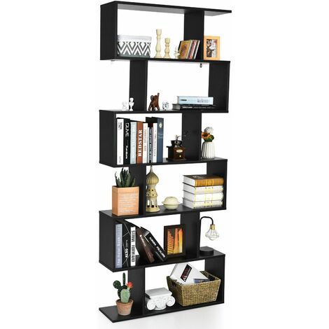 6-tier Bookcase Industrial S-Shaped Bookshelf Wooden Storage Display Rack