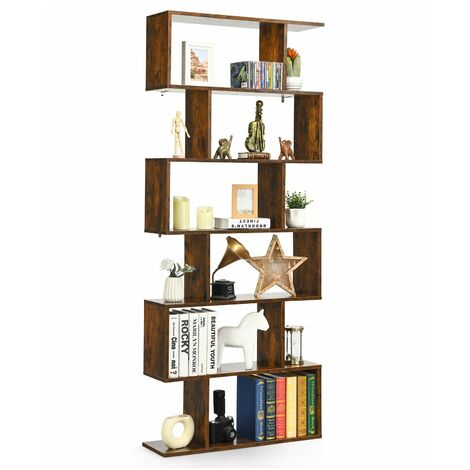 6-tier Bookcase Industrial S-Shaped Bookshelf Wooden Storage Display Rack