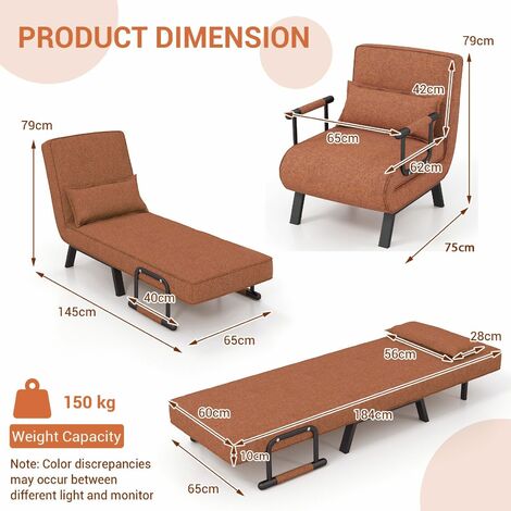 Convertible Single Folding Sofa Bed Sleep Chair 6 Positions Adjustable Backrest