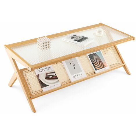 2-Tier Rectangular Coffee Table Modern Center Bamboo Table with Glass Tabletop