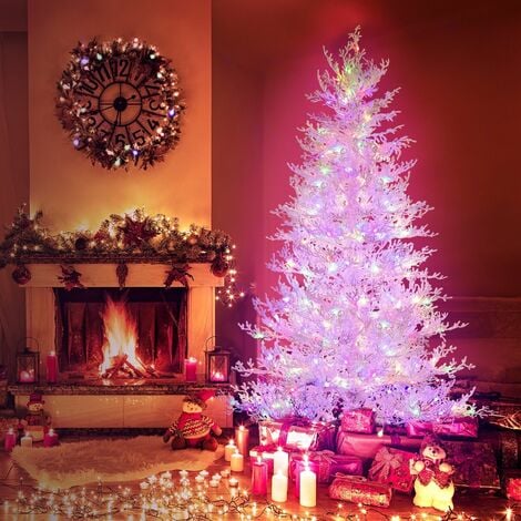 6FT Pre-Lit Artificial Christmas Tree White Flocked Xmas Tree 300 LED 11 Modes