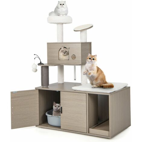 Cat Tree Litter Box Enclosure 2-in-1 Cat Tower W/ Cat Condo Scratching Board
