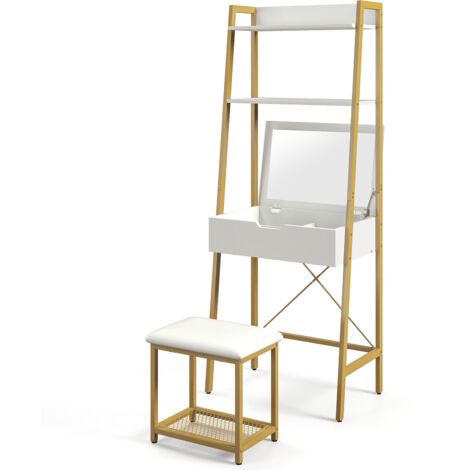 Vanity Table and Stool Set Small Ladder Makeup Dressing Desk with shelves (1/5)