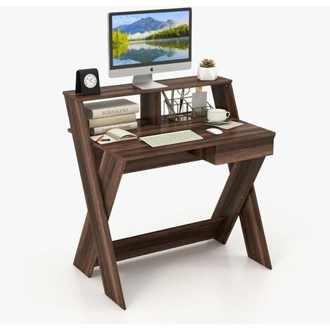 Wooden Computer Desk Home Office Writing Desk with Monitor Stand Riser X-shaped