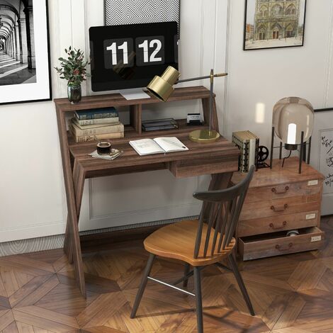 Wooden Computer Desk Home Office Writing Desk with Monitor Stand Riser X-shaped