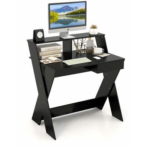 Wooden Computer Desk Home Office Writing Desk with Monitor Stand Riser X-shaped