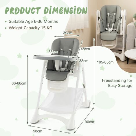 Folding Baby High Chair Adjustable Convertible High Chair W/ Detachable Cushion