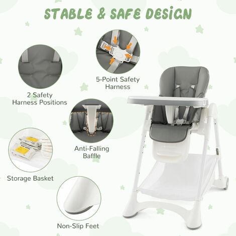 Folding Baby High Chair Adjustable Convertible High Chair W/ Detachable Cushion
