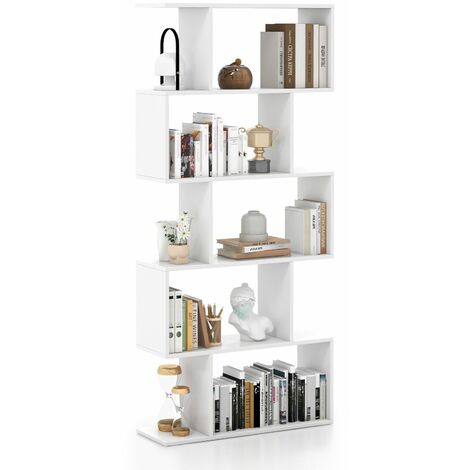 5-tier Bookcase Anti-Toppling S-Shaped Bookshelf Wooden Storage Display Rack (1/5)