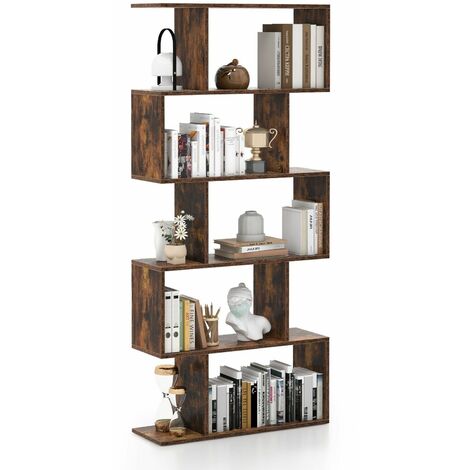 5-tier Bookcase Anti-Toppling S-Shaped Bookshelf Wooden Storage Display Rack