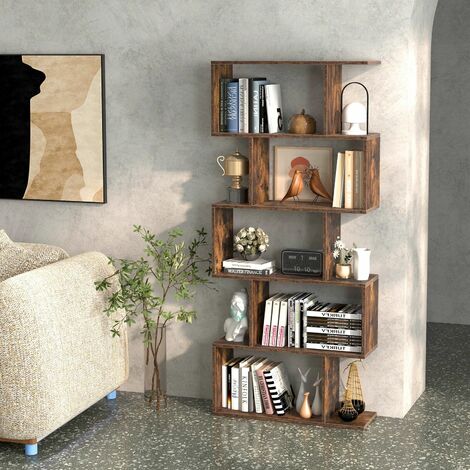 5-tier Bookcase Anti-Toppling S-Shaped Bookshelf Wooden Storage Display Rack