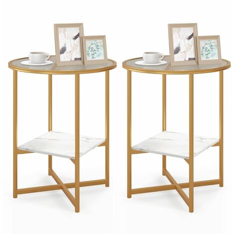 2 PCS Tempered Glass End Table Beside Coffee Sofa Side Table W/Faux Marble Shelf
