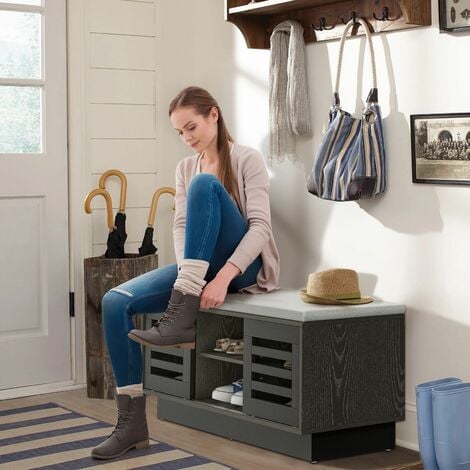 Wooden Shoe Bench Shoe Storage Cabinet Organizer Stool W/ 3 Adjustable Shelves