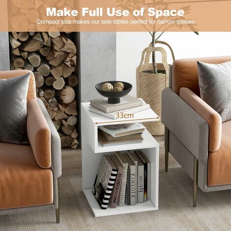 S-shaped Bedside Table Modern Side Table Sofa End Table with 2 Open Compartments