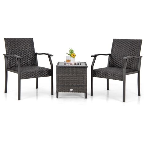 3 Piece Patio Wicker Chair Set Outdoor Rattan Conversation Set w/ Padded Seat