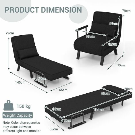 Convertible Single Folding Sofa Bed Sleep Chair 6 Positions Adjustable Backrest