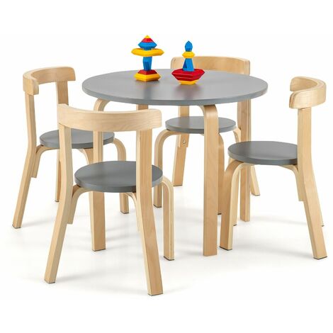 5-Piece Kids Table and Chair Set Children Wooden Activity Table 4 Curved Chairs