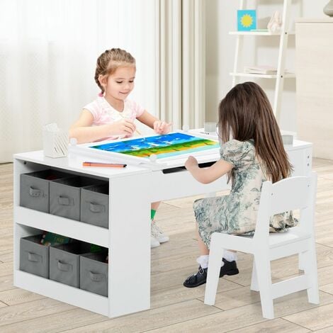 2-in-1 Kids Art Table and Chairs Set Wooden Toddler Craft Easel