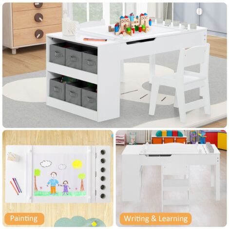 2-in-1 Kids Art Table and Chairs Set Wooden Toddler Craft Easel Desk W ...