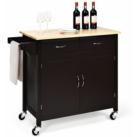 Kitchen Island Rolling Storage Trolley Cart Cupboard 2 Doors Cabinet W/2 Drawers