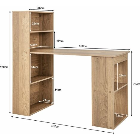 Computer Desk Wooden PC Laptop Table Writing Workstation 6-Tier Storage Shelves