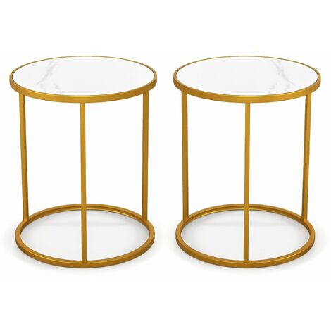 Set of 2 Marble Top Round Side Table Modern Sofa End Table Accent Bedside Table