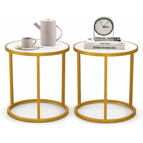 Set of 2 Marble Top Round Side Table Modern Sofa End Table Accent Bedside Table