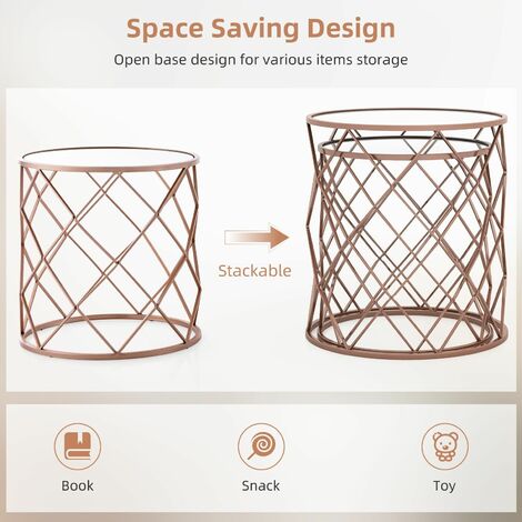 Set of 2 Stackable Round End Table Modern Space Saving Side Table W/Mirrored Top