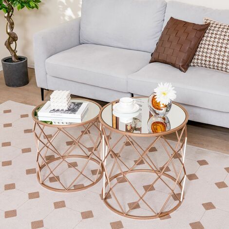 Set of 2 Stackable Round End Table Modern Space Saving Side Table W/Mirrored Top