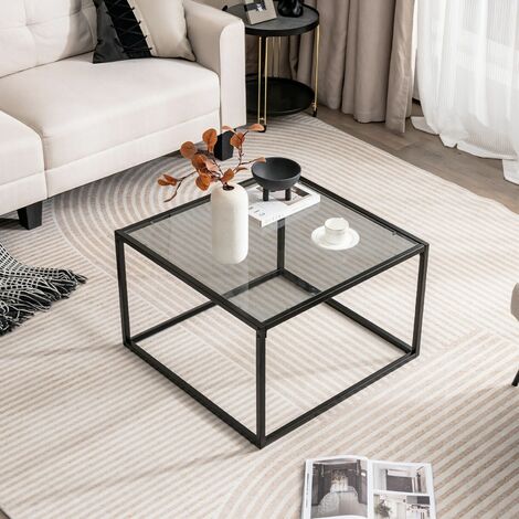 Tempered Glass Top Coffee Table Home Square Tea Table Accent Sofa Side Table