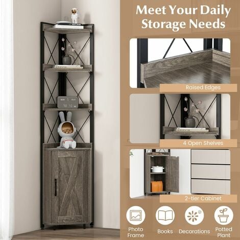 6-Tier Corner Bookcase Wooden Display Storage Cabinet with Adjustable Shelf