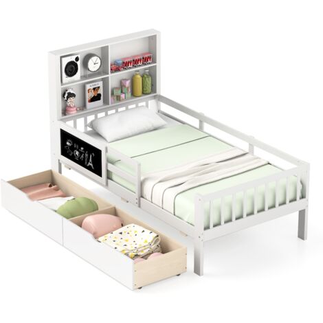 COSTWAY Single Size Bed Frame Solid Wood Platform Bed w/2 Storage Drawers