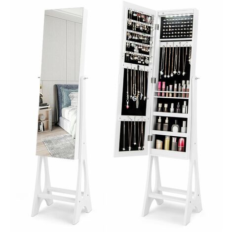 Freestanding Mirror Jewelry Cabinet Organizer W/ Full Length Mirror Built-in LED (1/5)