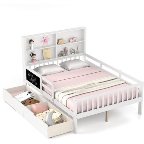 COSTWAY Double Size Bed Frame Solid Wood Platform Bed w/2 Storage Drawers (1/5)
