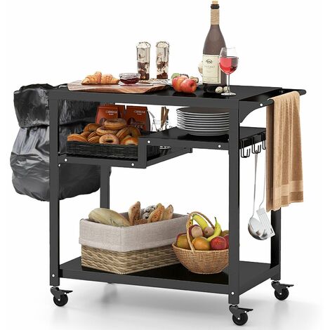 Portable Grill Cart Outdoor Pizza Oven Table Movable BBQ Cart w/ Shelves & Hooks