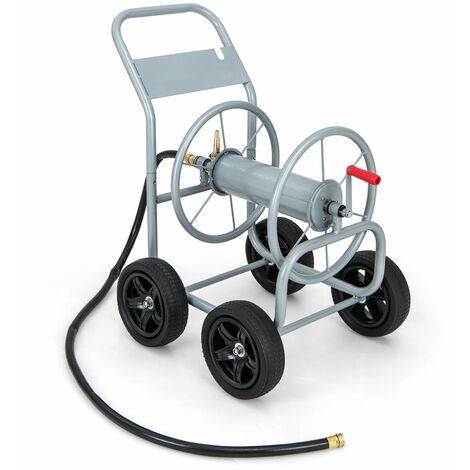 Relaxdays Hose Reel Cart XL, Mobile Hose Pipe Reel Metal, 2x 3/4”  Connectors, For 60m Garden Hose, 90° Unwinding, Brown