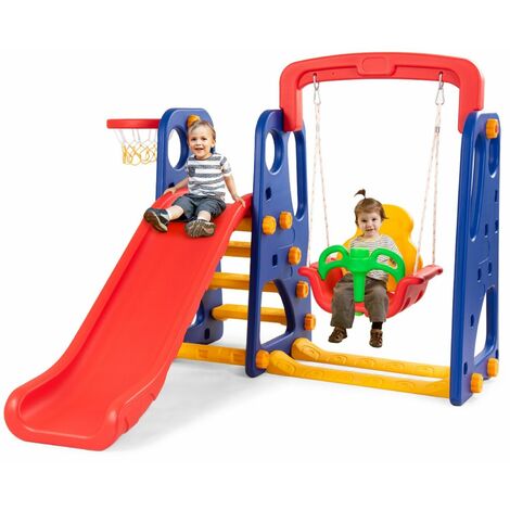 3 in 1 Toddler Slide and Swing Set Climber Slide Playset with Basketball Hoop