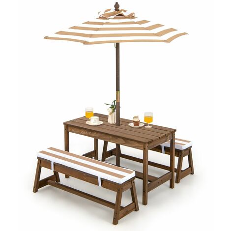 4 PCS Wooden Kids Picnic Table Bench Children Outdoor Activity Desk W/ Umbrella